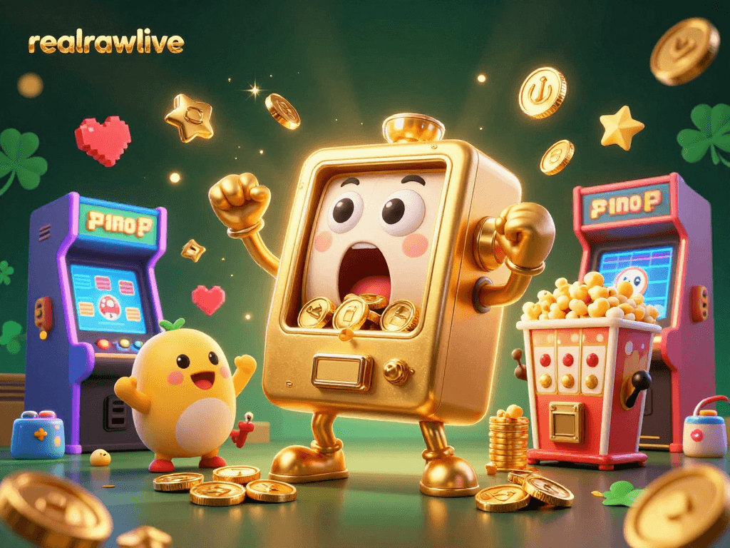 Experience the excitement of realrawlive as a golden slot machine celebrates a jackpot!