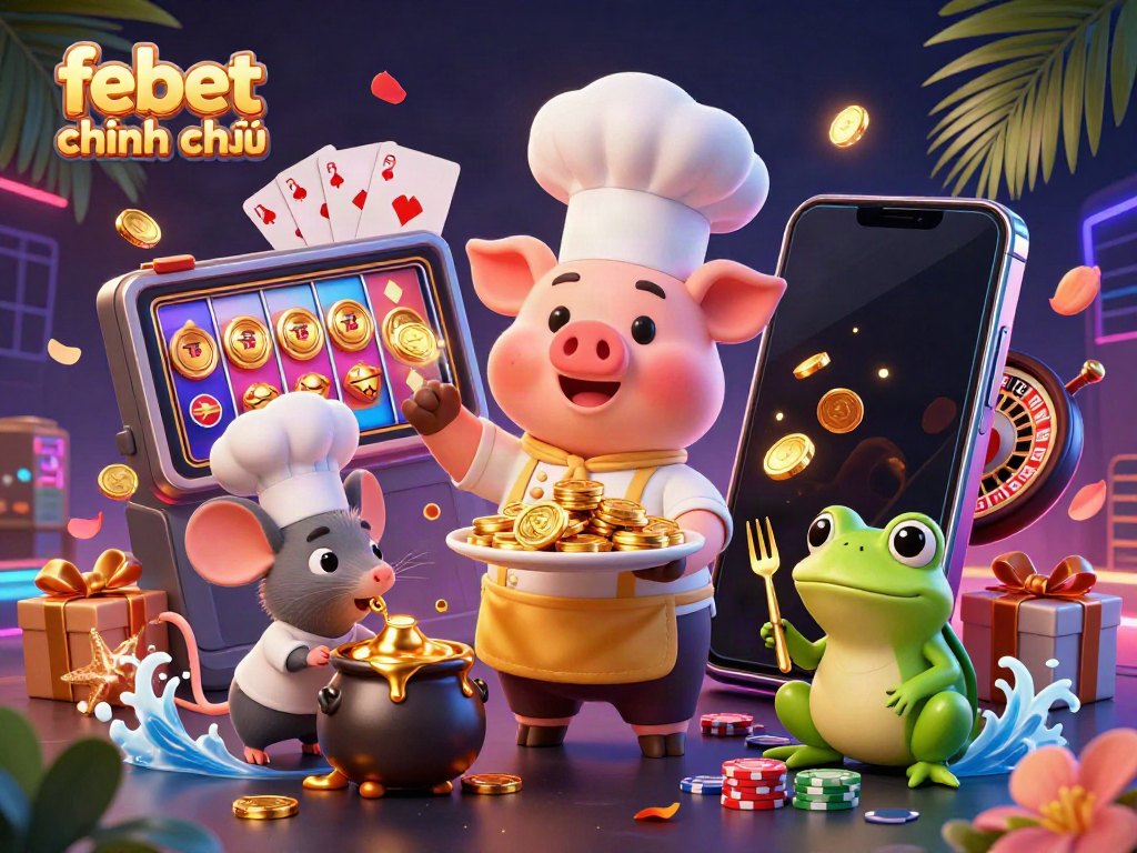 Experience thrilling gold coin adventures with febet chính chủ in this vibrant casino-themed illustration.