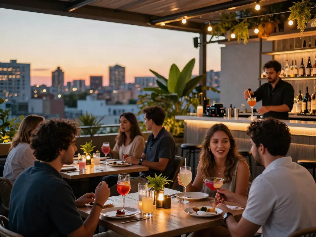 Dining at NoHu rooftop with skyline views during sunset