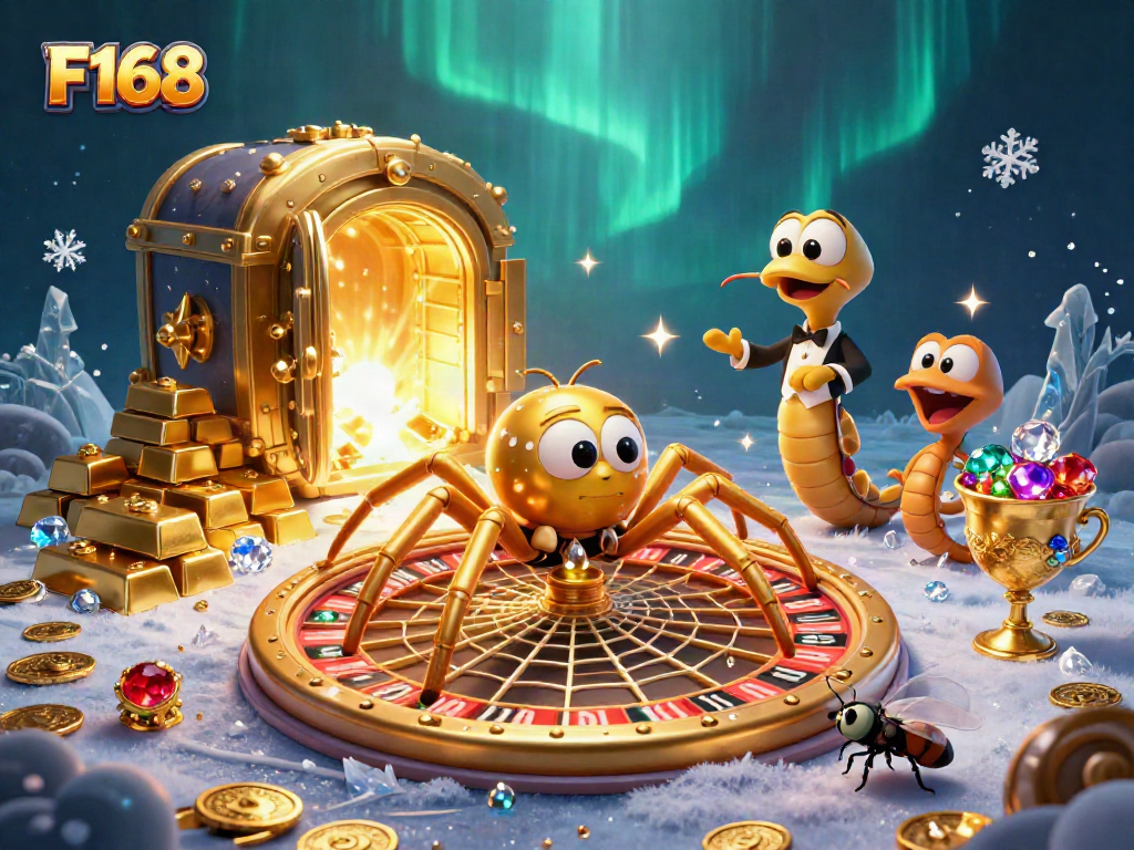 Experience the thrill of F168 gaming with a spider spinning a roulette wheel in a sparkling treasure-filled scene