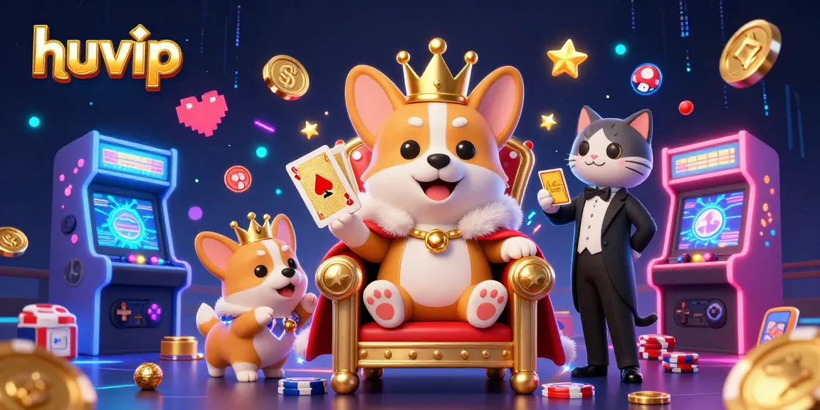 Experience the excitement at huvip with a royal corgi throne amidst vibrant gaming elements.