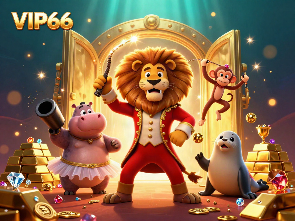 Experience the excitement of VIP66 with colorful characters and golden treasures in a dynamic casino scene.