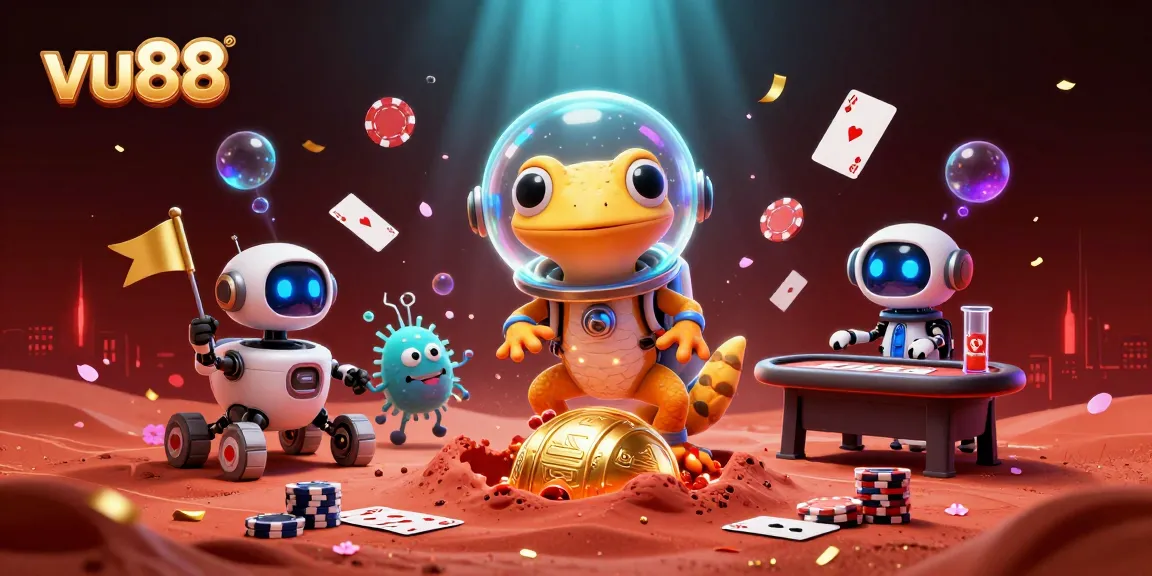 vu88 explores a vibrant alien casino scene with a Martian gecko and poker elements.