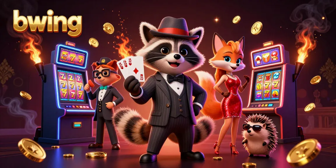 bwing brings excitement with a charming raccoon, fox, and hedgehog at a vibrant casino scene.