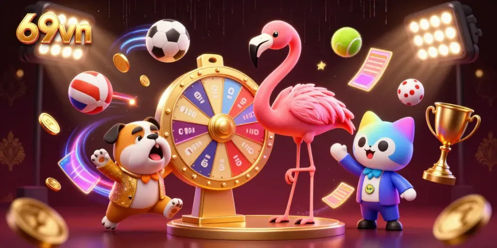 Excited players spin the prize wheel at 69vn, filled with dynamic sports elements.