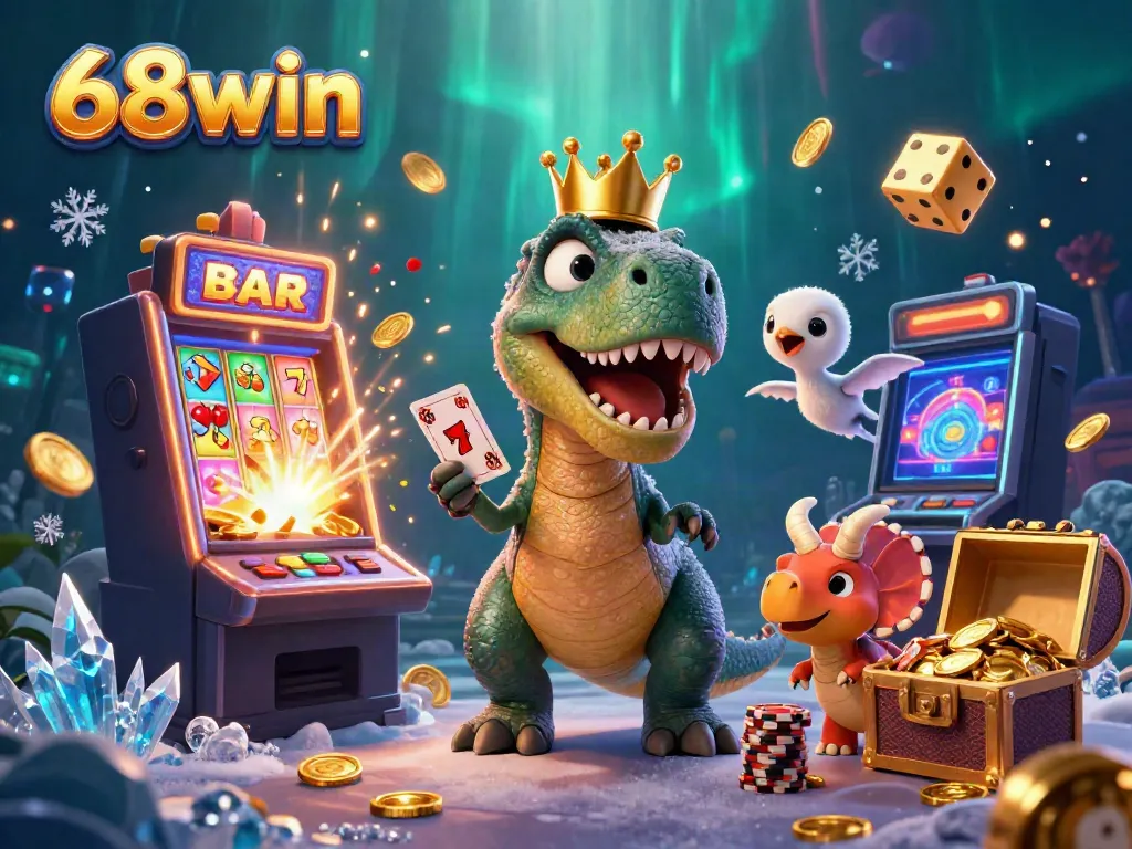 Experience vibrant 68win gaming with a friendly T-Rex and triceratops in a dynamic casino scene.