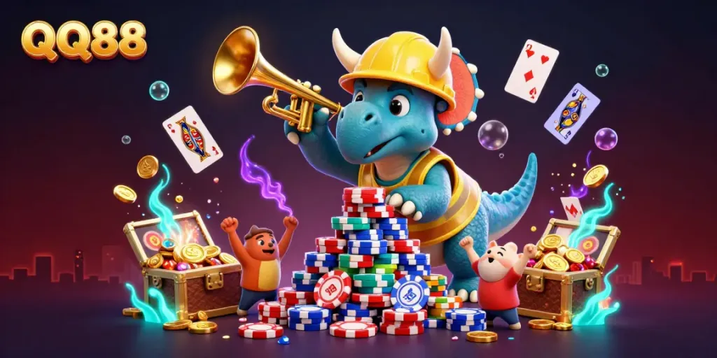 Experience the exhilarating world of QQ88, where a triceratops crafts poker chips amid sparkling treasures.