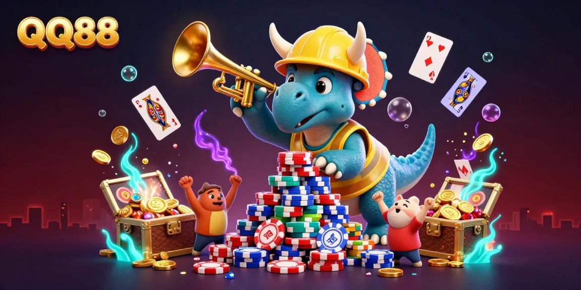 Experience the exhilarating world of QQ88, where a triceratops crafts poker chips amid sparkling treasures.