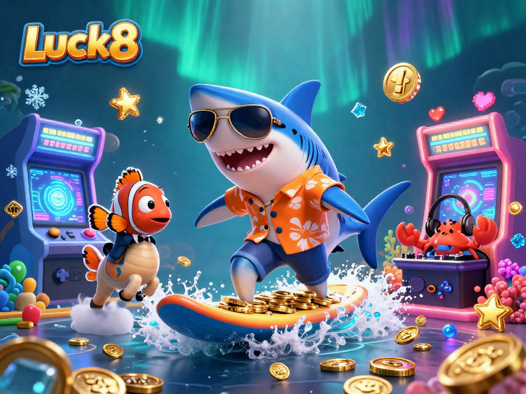 Experience the fun at Luck8 with vibrant 3D characters celebrating winning moments in a casino.