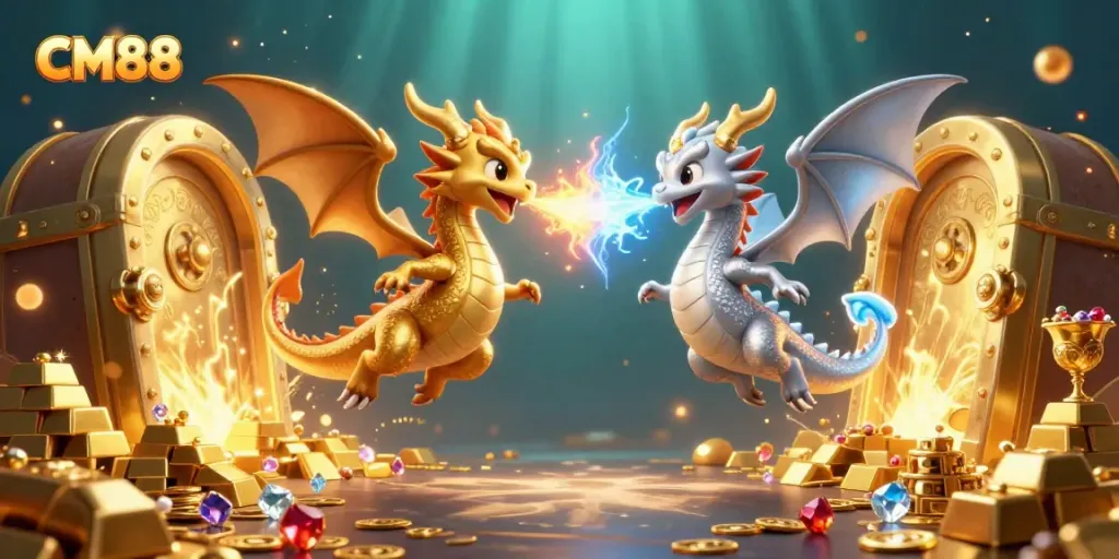 CM88 showcases a dynamic battle between a gold and silver dragon, symbolizing luck in casino gaming.