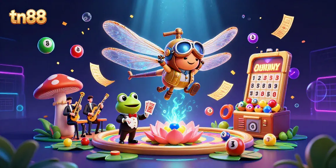 Experience thrilling gaming at tn88 with a dragonfly pilot and frog croupier in a vibrant casino scene.