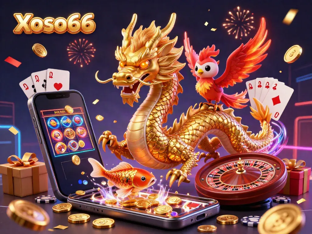 Experience thrilling games with Xoso66 featuring a sparkling casino scene with a dragon, phoenix, and koi fish.