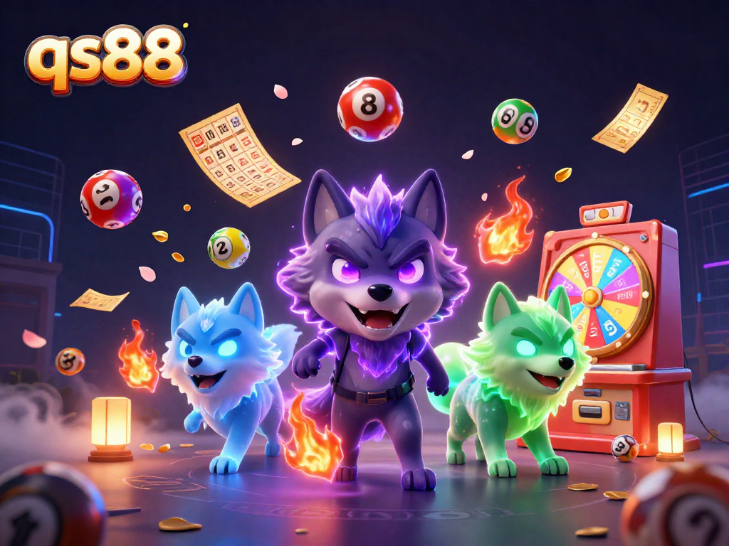 Experience the thrilling atmosphere of qs88 with glowing wolves, dynamic lottery elements, and a vibrant casino environment.