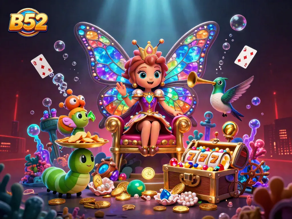 Engage with the vibrant B52 gaming scene, featuring a butterfly queen amidst dynamic casino elements.