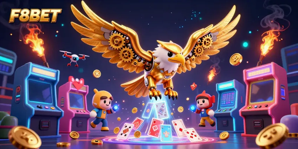 Experience the thrill of F8BET with a dynamic scene featuring a cybernetic eagle and gaming elements.