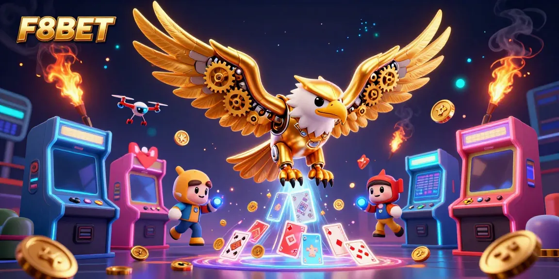 Experience the thrill of F8BET with a dynamic scene featuring a cybernetic eagle and gaming elements.