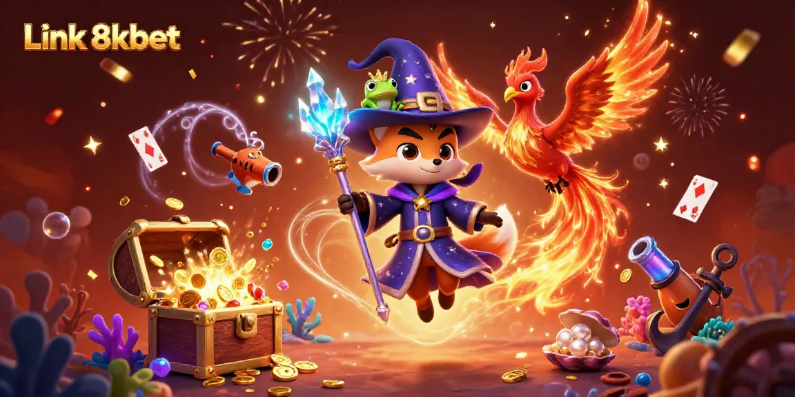 Engage with the dynamic artwork featuring Link 8kbet showcasing a mystical casino scene with wizards, treasures, and magic.