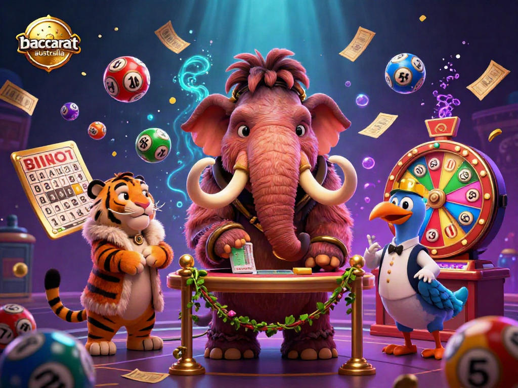 Engaging baccarat australia-themed illustration featuring a cartoon mammoth casino bouncer, sabertooth guest, and playful lottery elements.