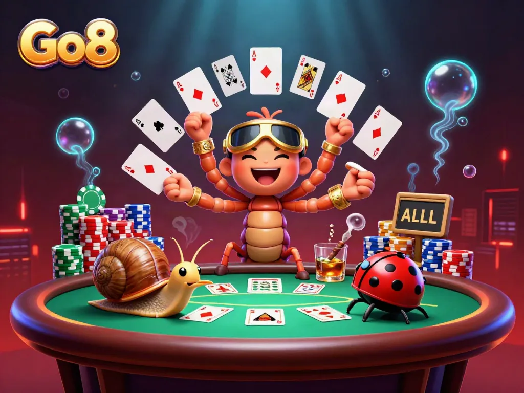 Go8 cartoon dealer showcasing a vibrant casino scene with dynamic playing cards and poker chips.