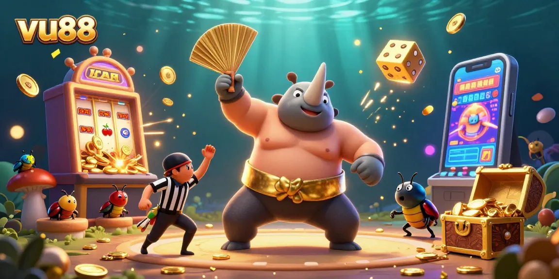 Experience the excitement of vu88 as a beetle champion dominates a 3D casino showdown filled with vibrant winnings.