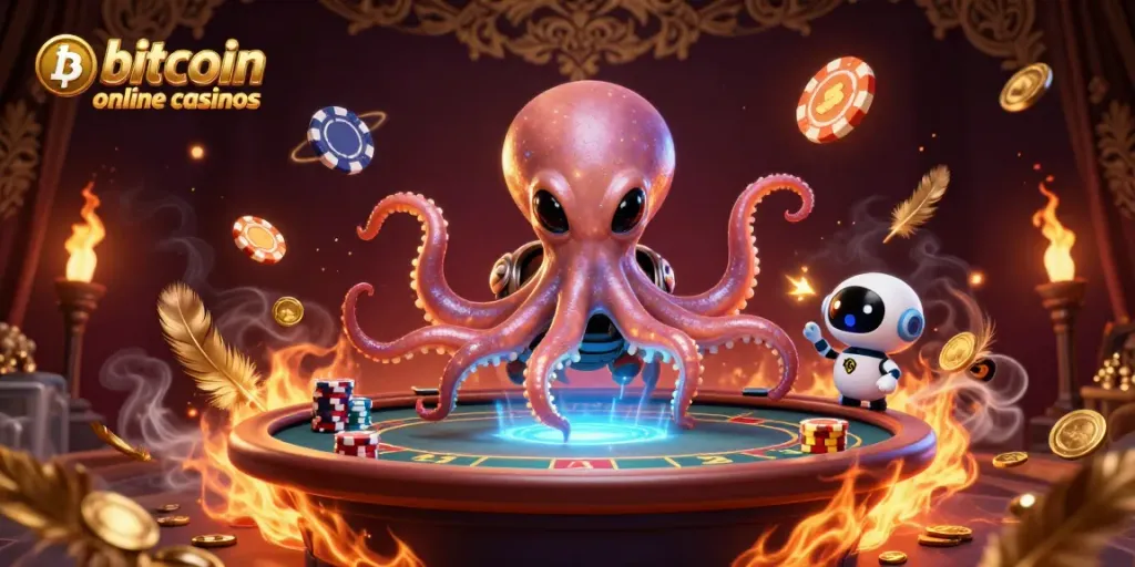 Engage with exciting bitcoin online casinos featuring a creative alien octopus and robot at a holographic poker table.