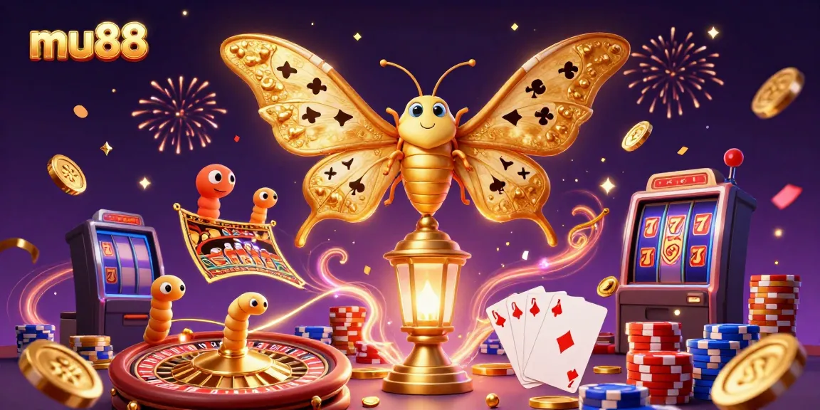 Engage with mu88's vibrant casino world featuring a golden-winged moth amidst games and riches.