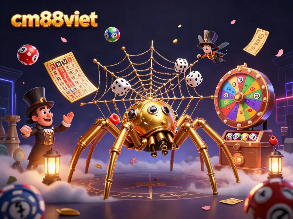 Experience cm88viet's vibrant casino world with a steampunk spider and lottery elements.