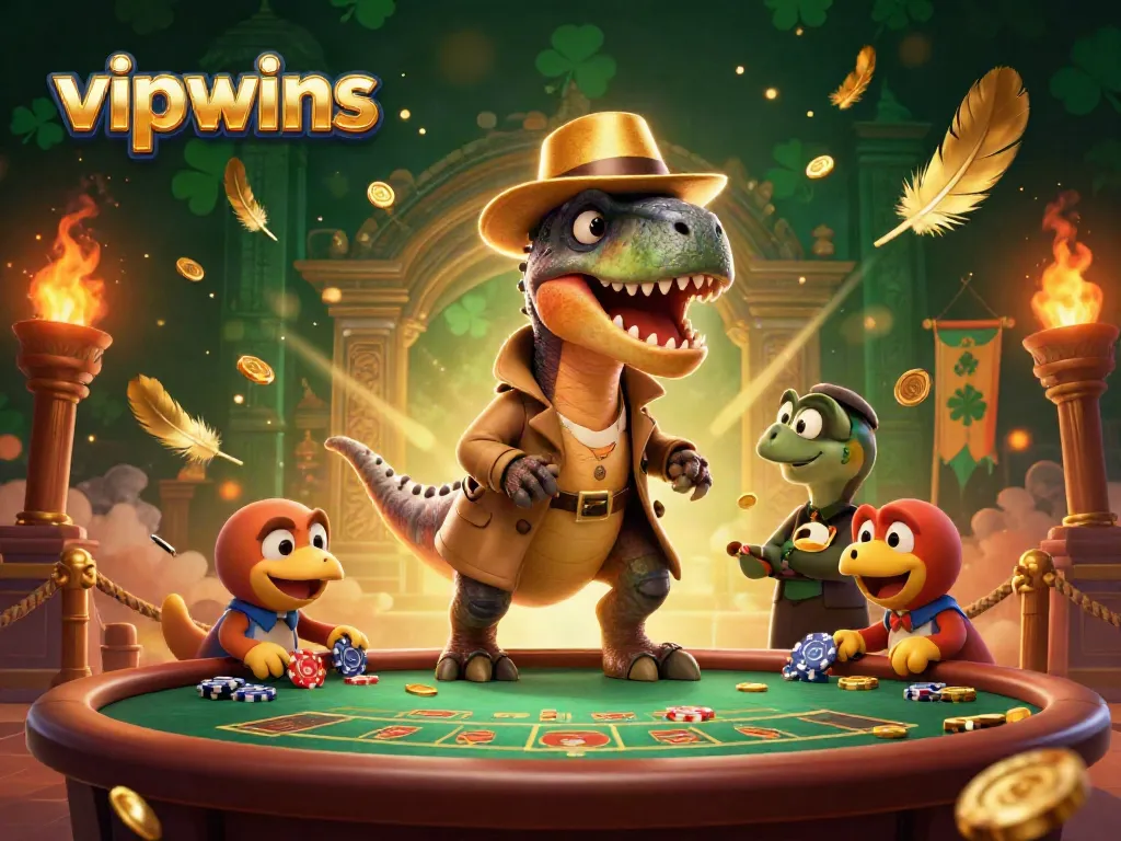 Experience the thrilling action at vipwins with a cartoon velociraptor card counter amidst the casino excitement.
