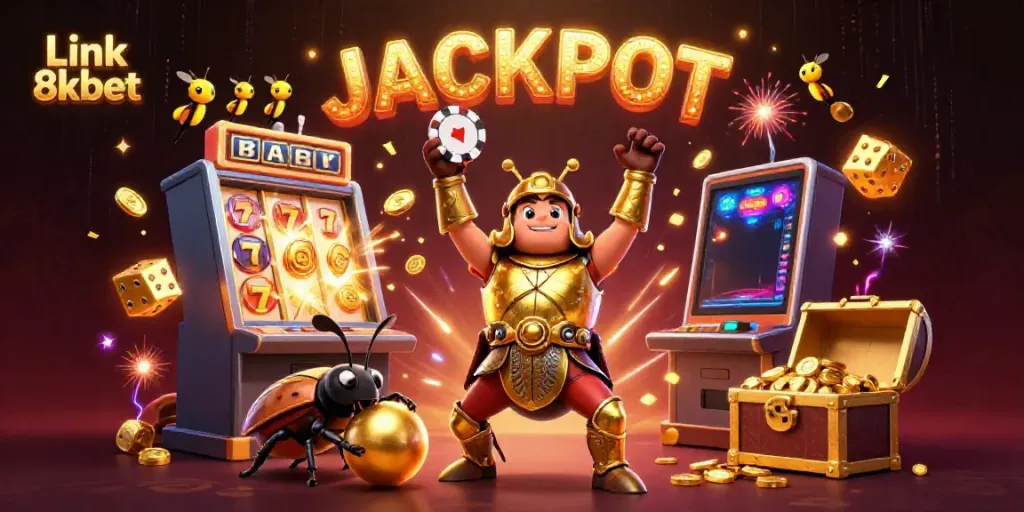 Interactive scene showcasing the excitement of Link 8kbet with a heroic beetle and dazzling casino elements.