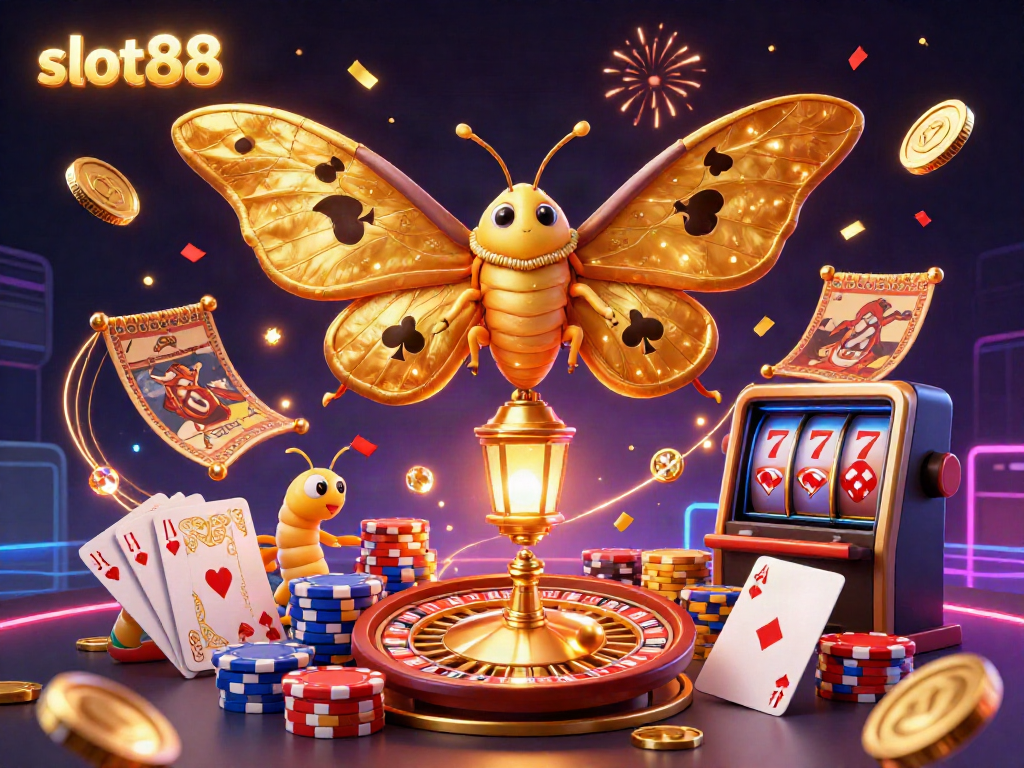 Spin the reels with slot88 and discover vibrant casino scenes brought to life through an enchanting moth and treasures.