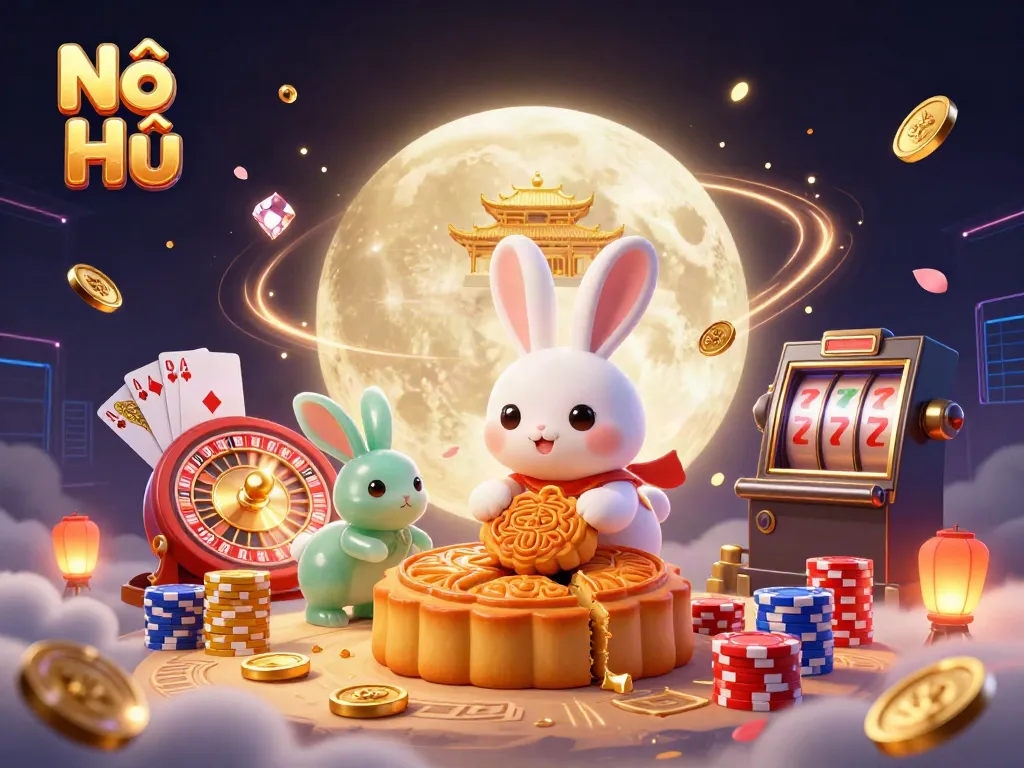 Nổ Hũ offers an enchanting scene of a whimsical moon rabbit surrounded by golden coins and poker chips, emphasizing casino fun.