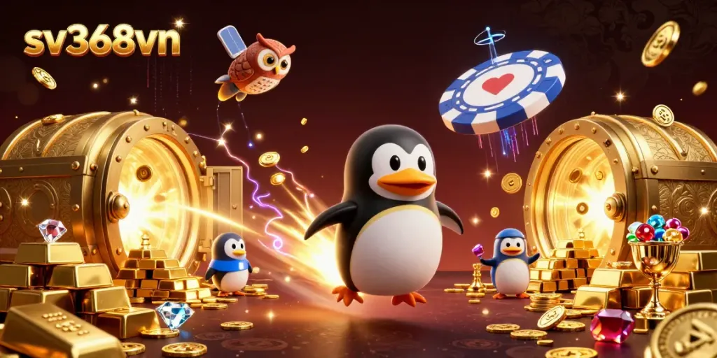 Experience the excitement of sv368vn with a golden penguin blasting to a casino space station.