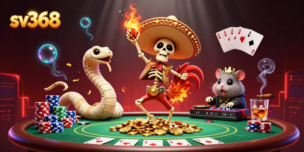 sv368 promotion featuring a lively 3D scene with a cartoon skeleton mariachi and poker elements