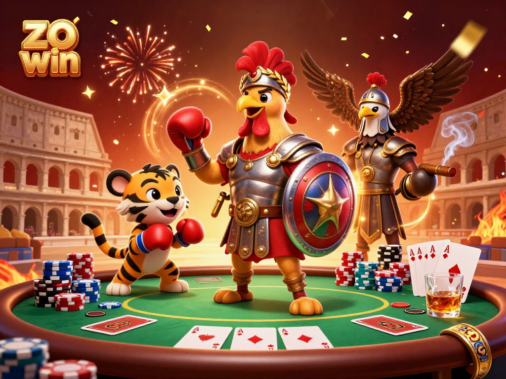Engage in action at zo win with a colorful casino scene featuring a rooster and poker elements.