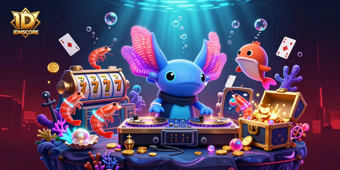 Join the IDNSCORE adventure with a neon axolotl DJ and vibrant slot-themed underwater party.