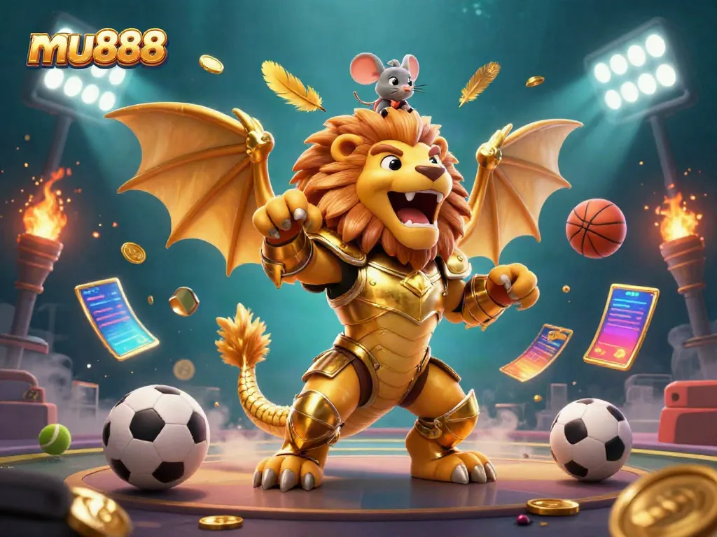 Experience thrilling gaming action with mu888's dynamic casino offerings featuring a roaring chimera and flying sports balls.