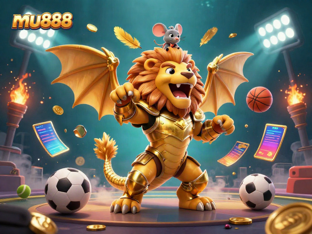 Experience thrilling gaming action with mu888's dynamic casino offerings featuring a roaring chimera and flying sports balls.