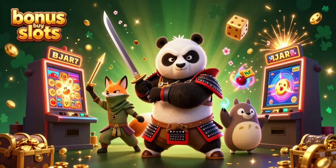 Engage with bonus buy slots in a vibrant casino scene featuring samurai panda and ninja fox.