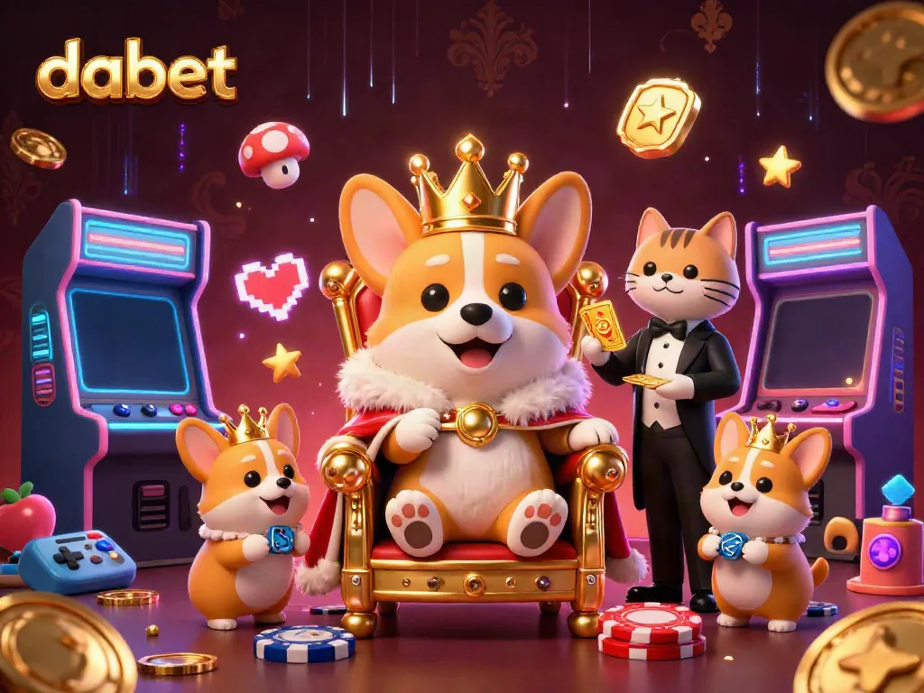 Dabet offers a captivating scene featuring a royal corgi and luxurious gaming elements showcasing an online casino experience.