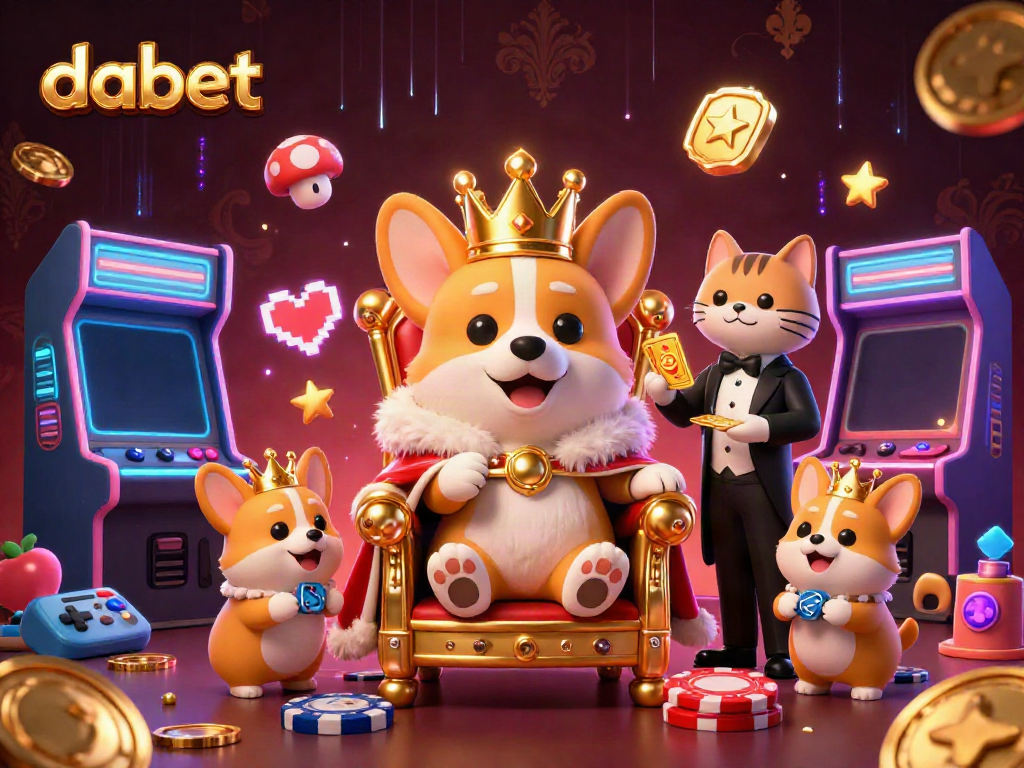 Dabet offers a captivating scene featuring a royal corgi and luxurious gaming elements showcasing an online casino experience.