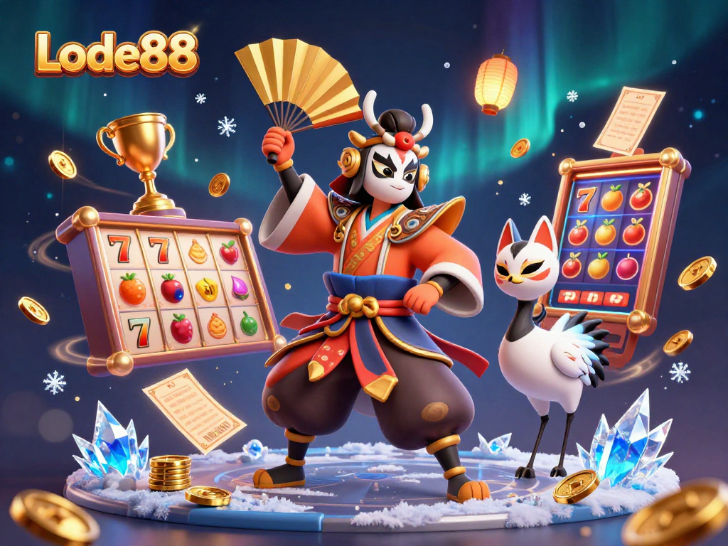 Lode88 showcases an interactive gaming scene with kabuki warrior and kitsune, emphasizing jackpots and vibrant elements.