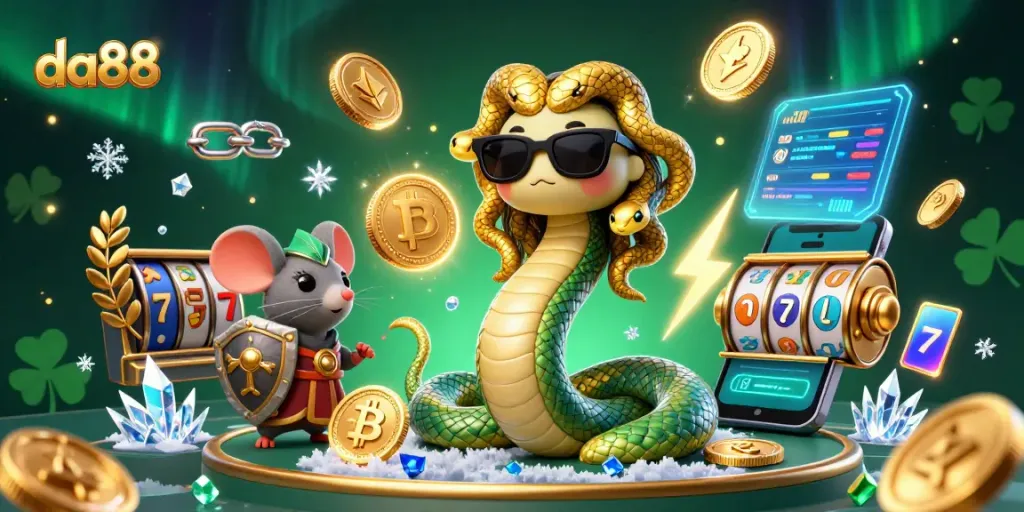 Play at da88 with Medusa and a warrior mouse in a casino-themed illustration