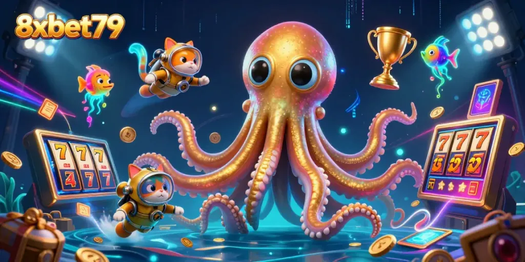 Experience the thrill of 8xbet79 with a colossal kraken, vintage diving cat, and vibrant gaming elements.