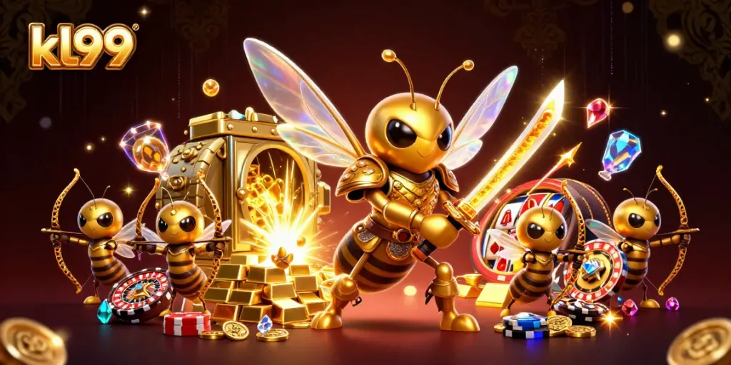 Experience thrilling gameplay with KL99's vibrant casino scene featuring dynamic characters and gold treasures.