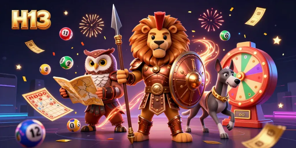 Exciting illustration depicting the H13 online casino atmosphere with animated characters and vibrant gambling elements.