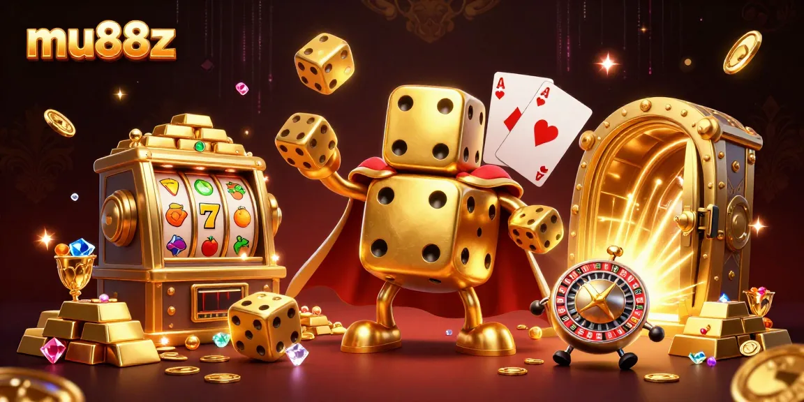Experience the thrills of mu88z with a 3D cartoon illustration featuring a golden dice golem juggling golden dice.