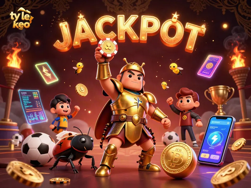 Engaging scene illustrating ty le keo odds with a victorious beetle character in an exciting sports betting environment.