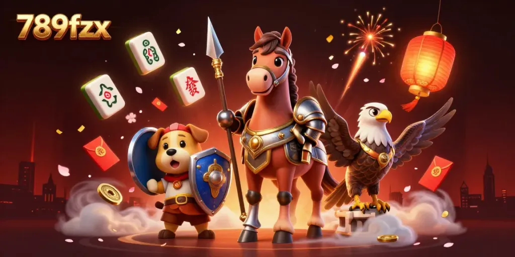Engage in thrilling 789fzx casino adventures with a vibrant scene of knights, a puppy shield-bearer, and festive elements.