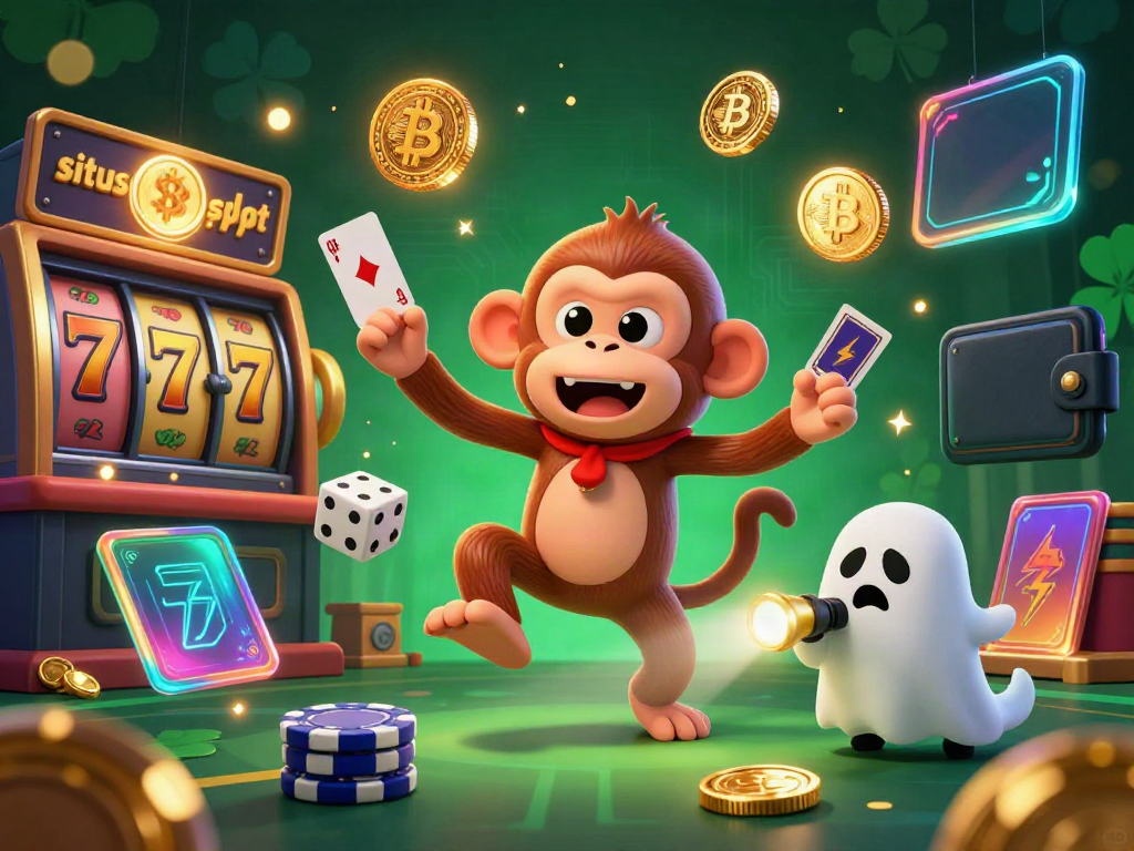Experience situs slot excitement with a playful ghostly monkey and a curious puppy in a casino.