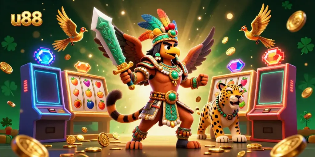 Experience the thrill of u88 with vibrant slot machines and Aztec warriors captivating players in a colorful 3D scene.